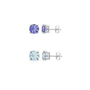 14k White Gold Plated  2Ct Created Tanzanite and Aquamarine 2 Pair Round Stud Earrings