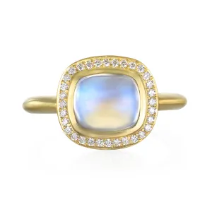 18 Karat Gold Cushion Cut Blue Moonstone Halo Ring