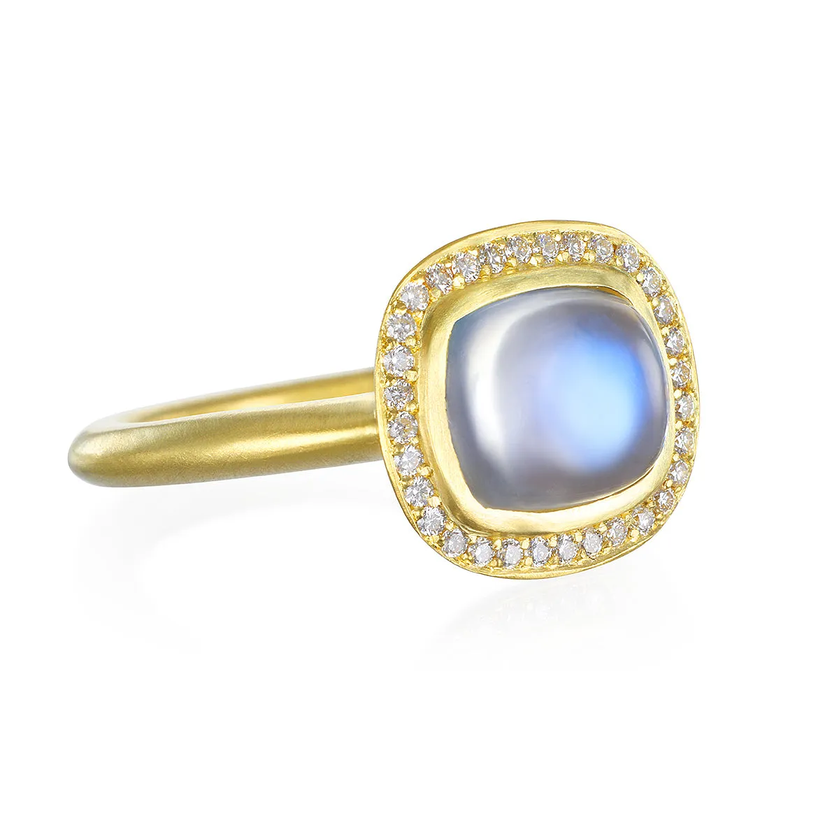 18 Karat Gold Cushion Cut Blue Moonstone Halo Ring