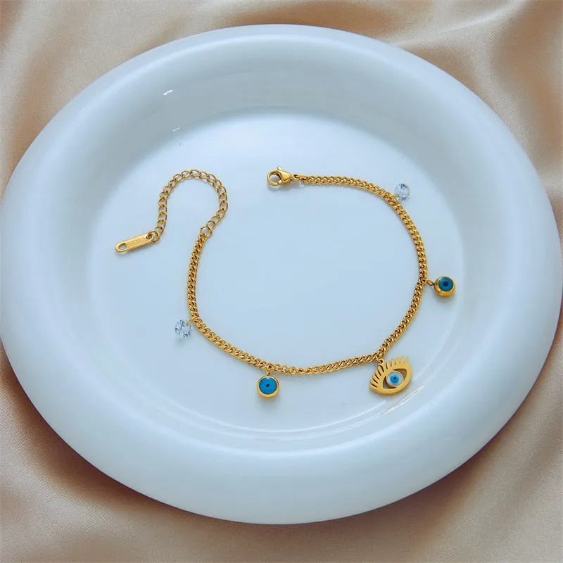 316L Stainless Steel Blue Eyes Zircon Charm Bracelet for Women