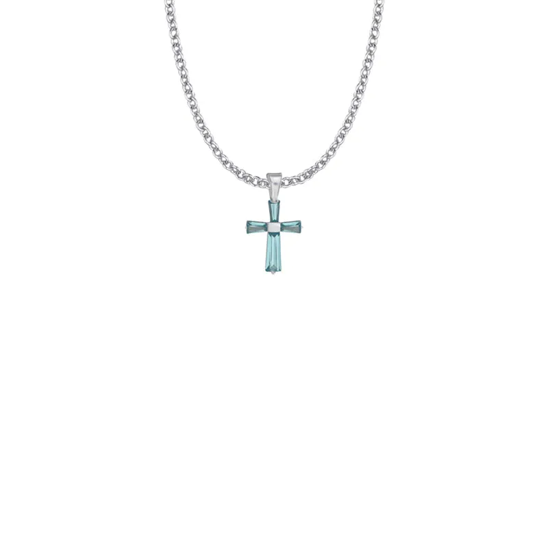 3/4 Inch Sterling Silver and Glass Crystal March Birthstone Baguette Cross Necklace