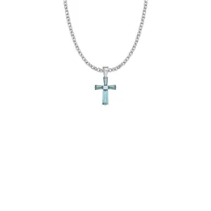 3/4 Inch Sterling Silver and Glass Crystal March Birthstone Baguette Cross Necklace