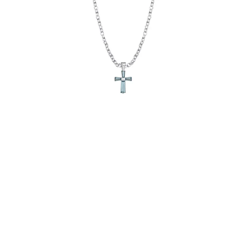 3/8 Inch Sterling Silver and Glass Crystal March Birthstone Baguette Cross Baby Necklace