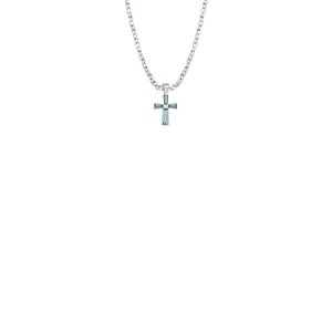 3/8 Inch Sterling Silver and Glass Crystal March Birthstone Baguette Cross Baby Necklace