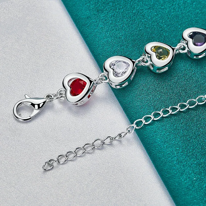 925 Sterling Silver Heart inlaid With Multi-Colour AAA Zircon Bracelet