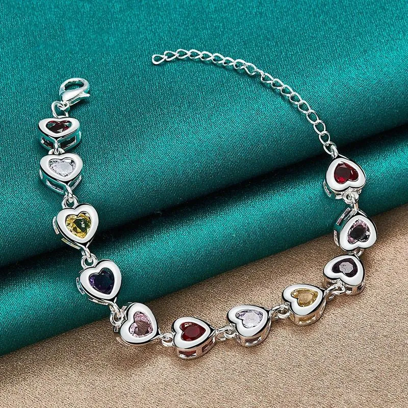 925 Sterling Silver Heart inlaid With Multi-Colour AAA Zircon Bracelet