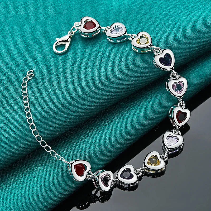 925 Sterling Silver Heart inlaid With Multi-Colour AAA Zircon Bracelet