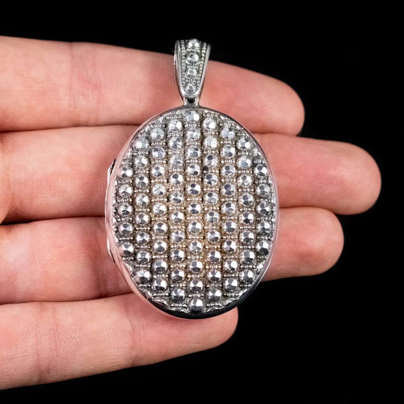 Antique Victorian Hand Cut Silver Studded Locket Silver Circa 1900