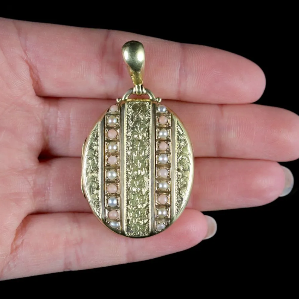 Antique Victorian Locket Pearl Coral 18Ct Gold Forget Me Not Circa 1870