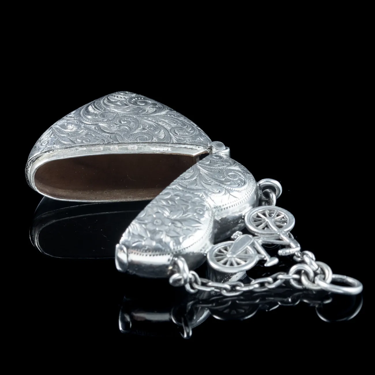 Antique Victorian Silver Heart And Bicycle Vesta Case Pendant Dated 1897