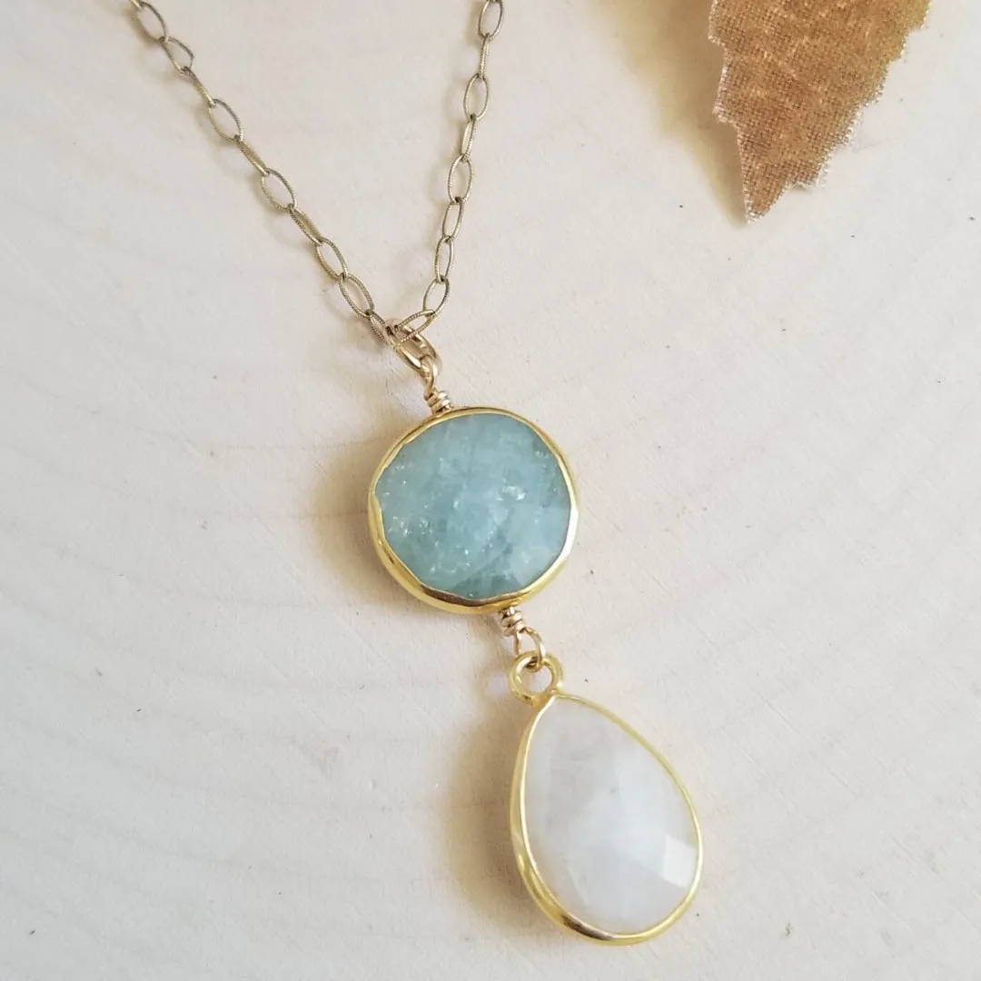 Aquamarine and Moonstone Pendant Necklace, Gold Filled Chain Necklace