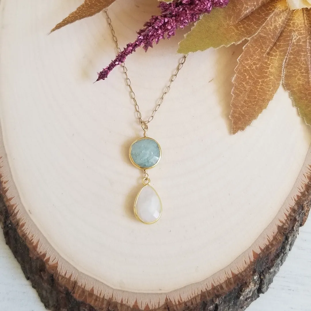 Aquamarine and Moonstone Pendant Necklace, Gold Filled Chain Necklace