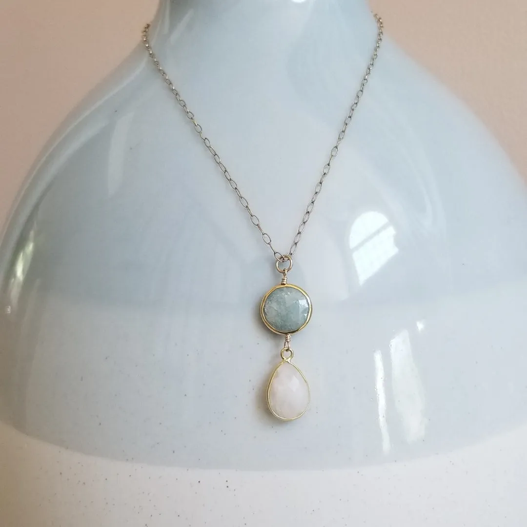 Aquamarine and Moonstone Pendant Necklace, Gold Filled Chain Necklace