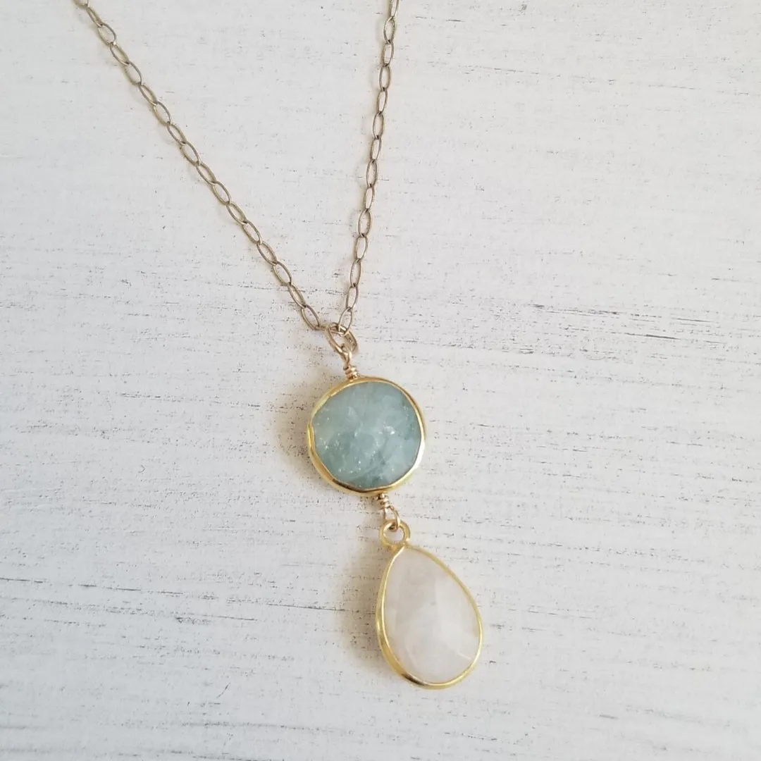 Aquamarine and Moonstone Pendant Necklace, Gold Filled Chain Necklace