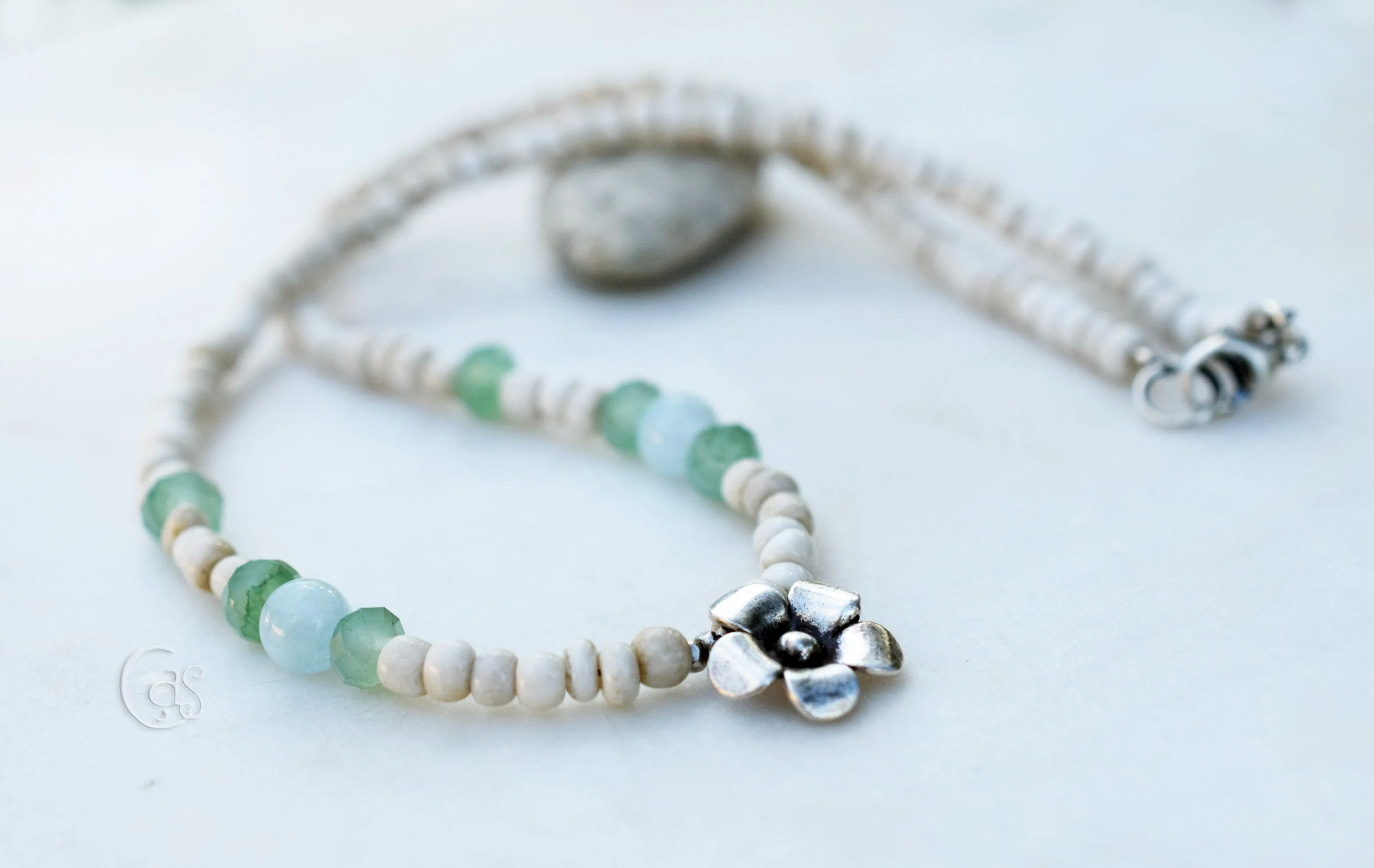 Aquamarine Gemstone Handcrafted Silver Flower Necklace Beaded Aventurine Gemstone Beachy