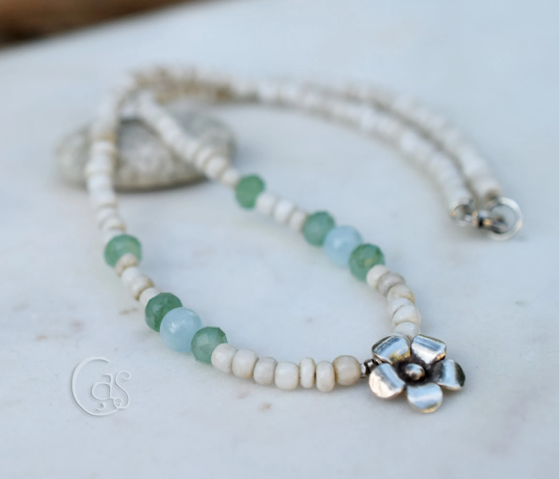 Aquamarine Gemstone Handcrafted Silver Flower Necklace Beaded Aventurine Gemstone Beachy