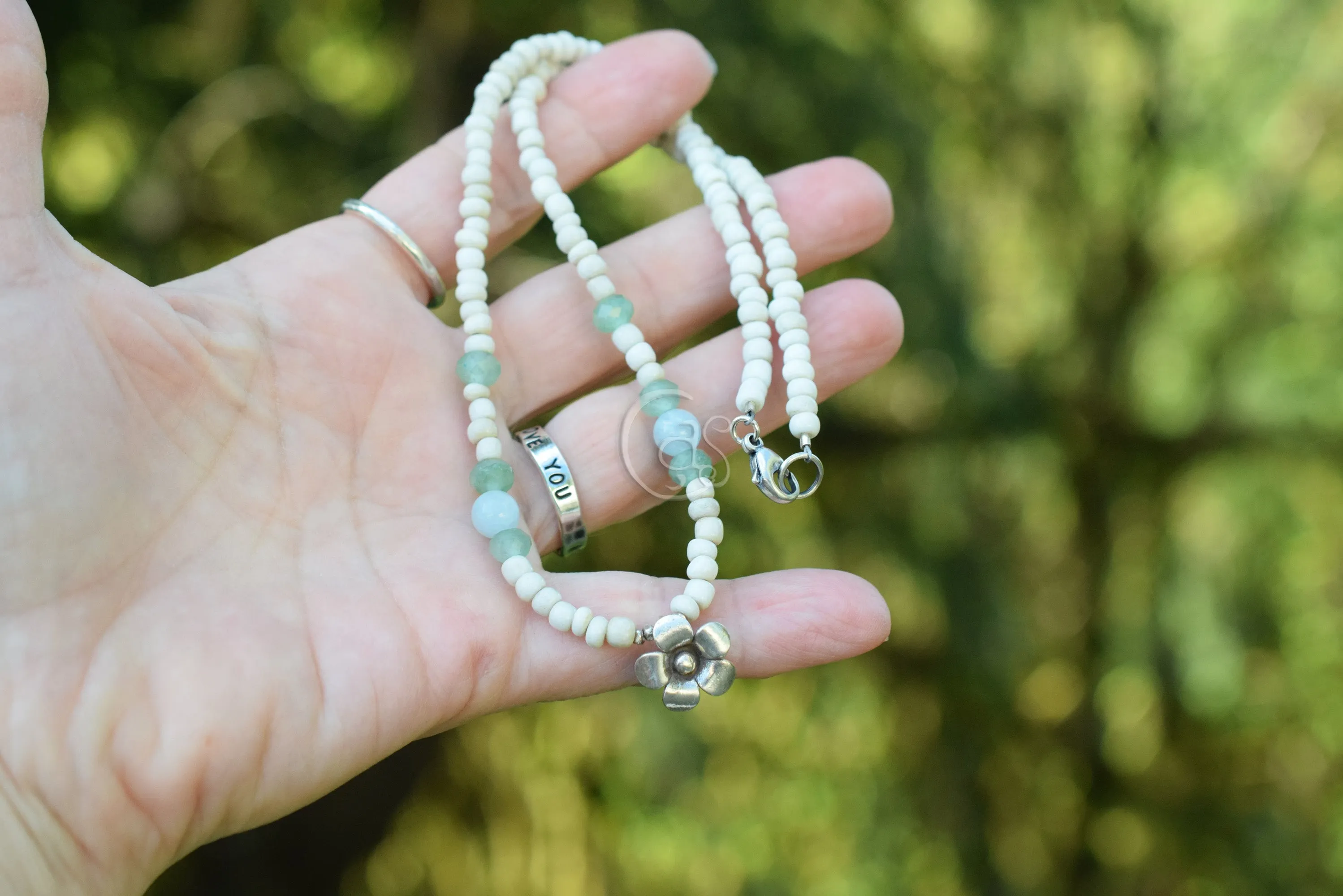 Aquamarine Gemstone Handcrafted Silver Flower Necklace Beaded Aventurine Gemstone Beachy