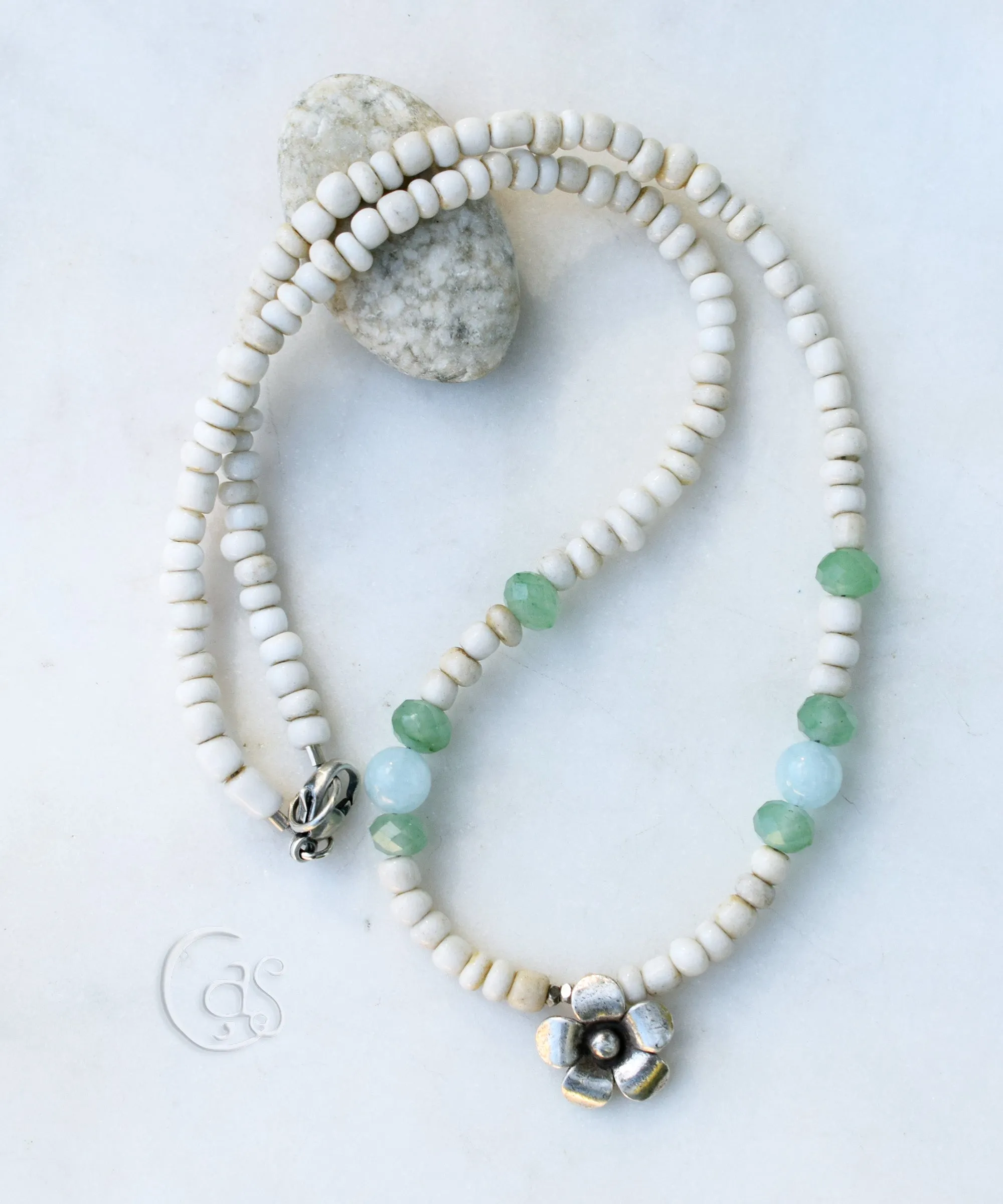 Aquamarine Gemstone Handcrafted Silver Flower Necklace Beaded Aventurine Gemstone Beachy