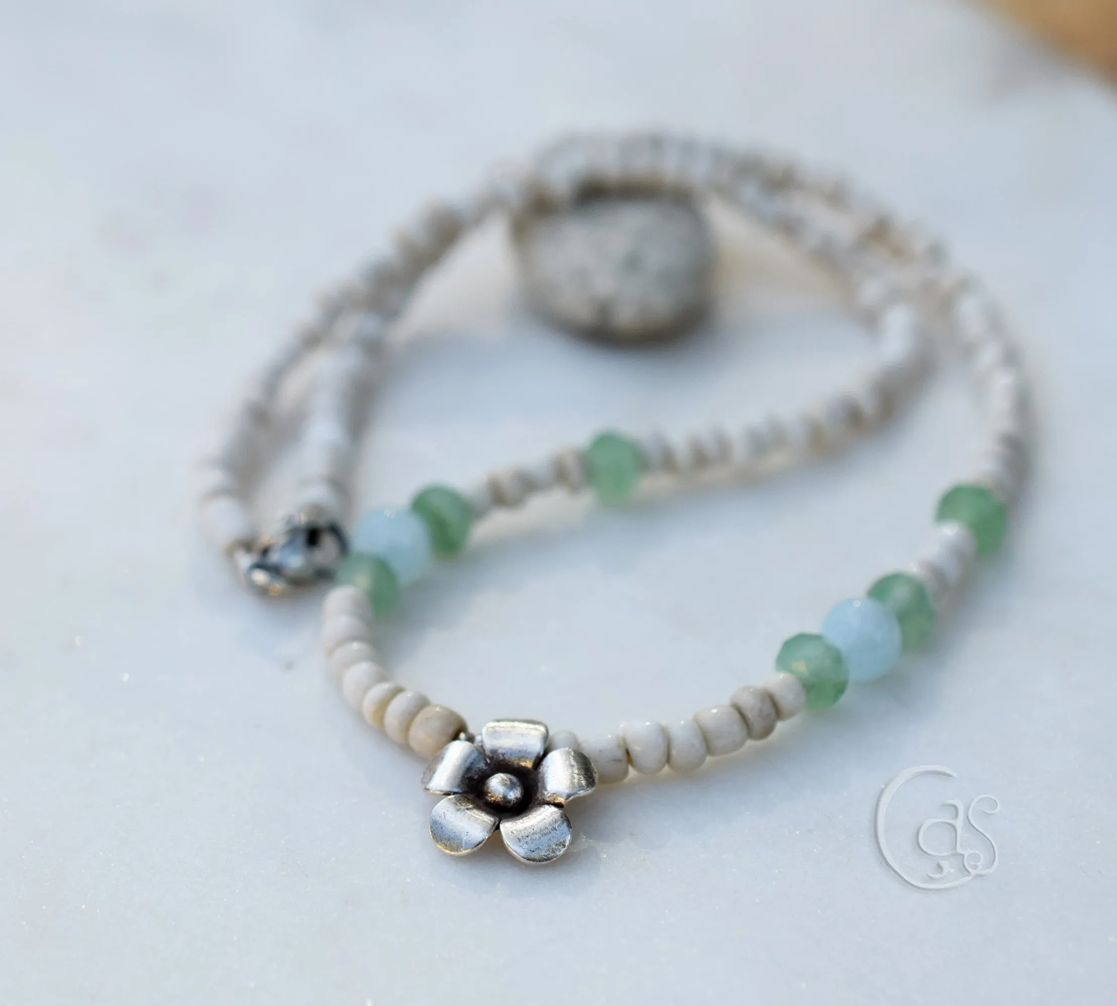 Aquamarine Gemstone Handcrafted Silver Flower Necklace Beaded Aventurine Gemstone Beachy