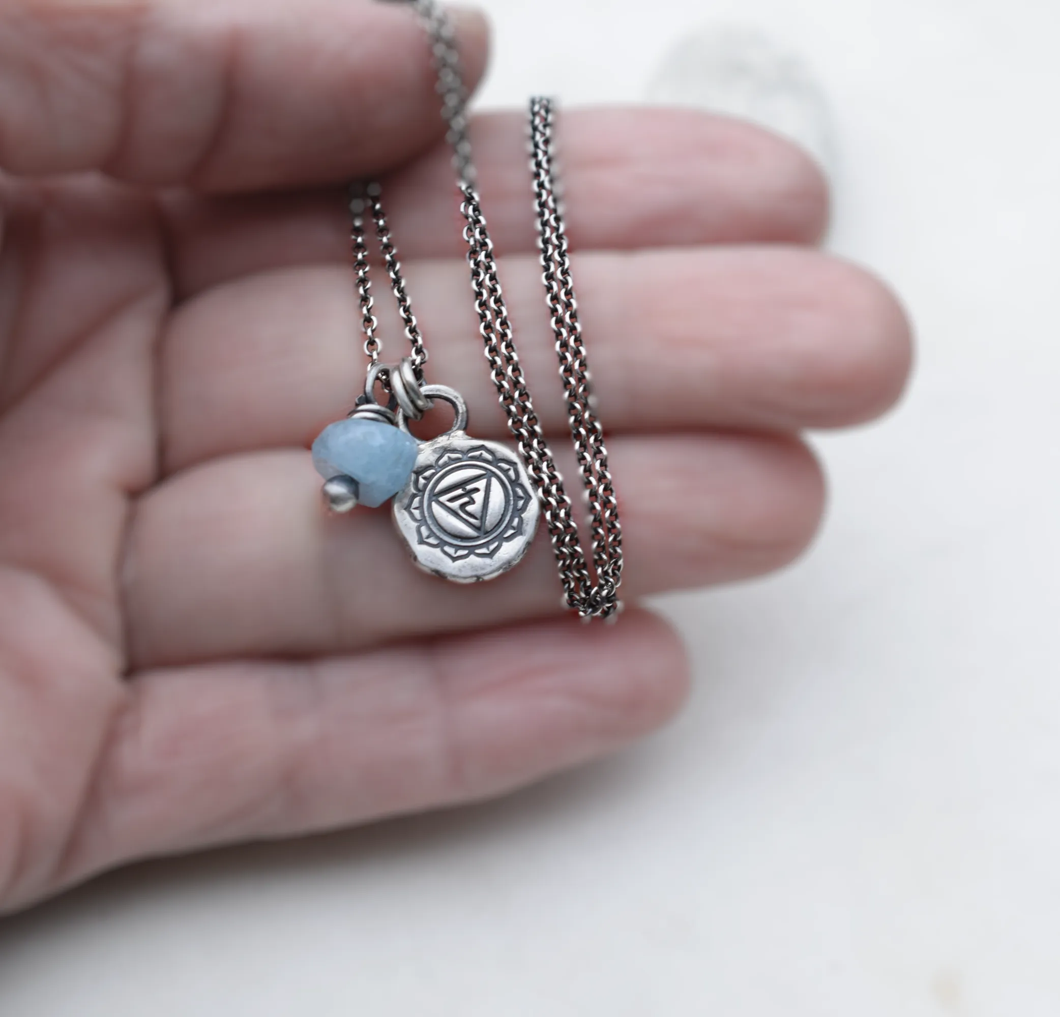 Aquamarine Gemstone Necklace Yoga Jewelry Chakra Vishuddha Throat Truth Sterling Silver Yogi Charm Necklace