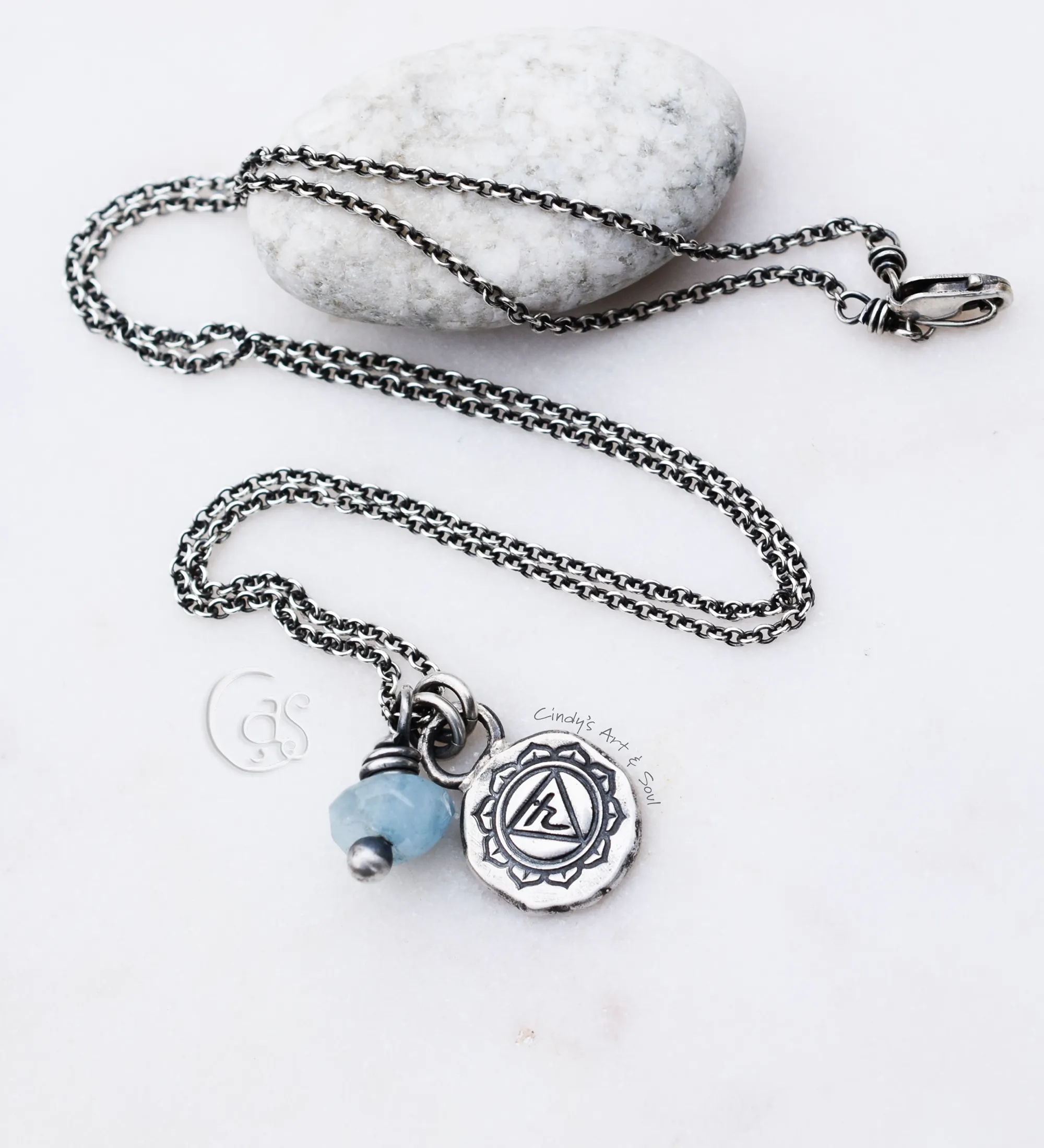 Aquamarine Gemstone Necklace Yoga Jewelry Chakra Vishuddha Throat Truth Sterling Silver Yogi Charm Necklace