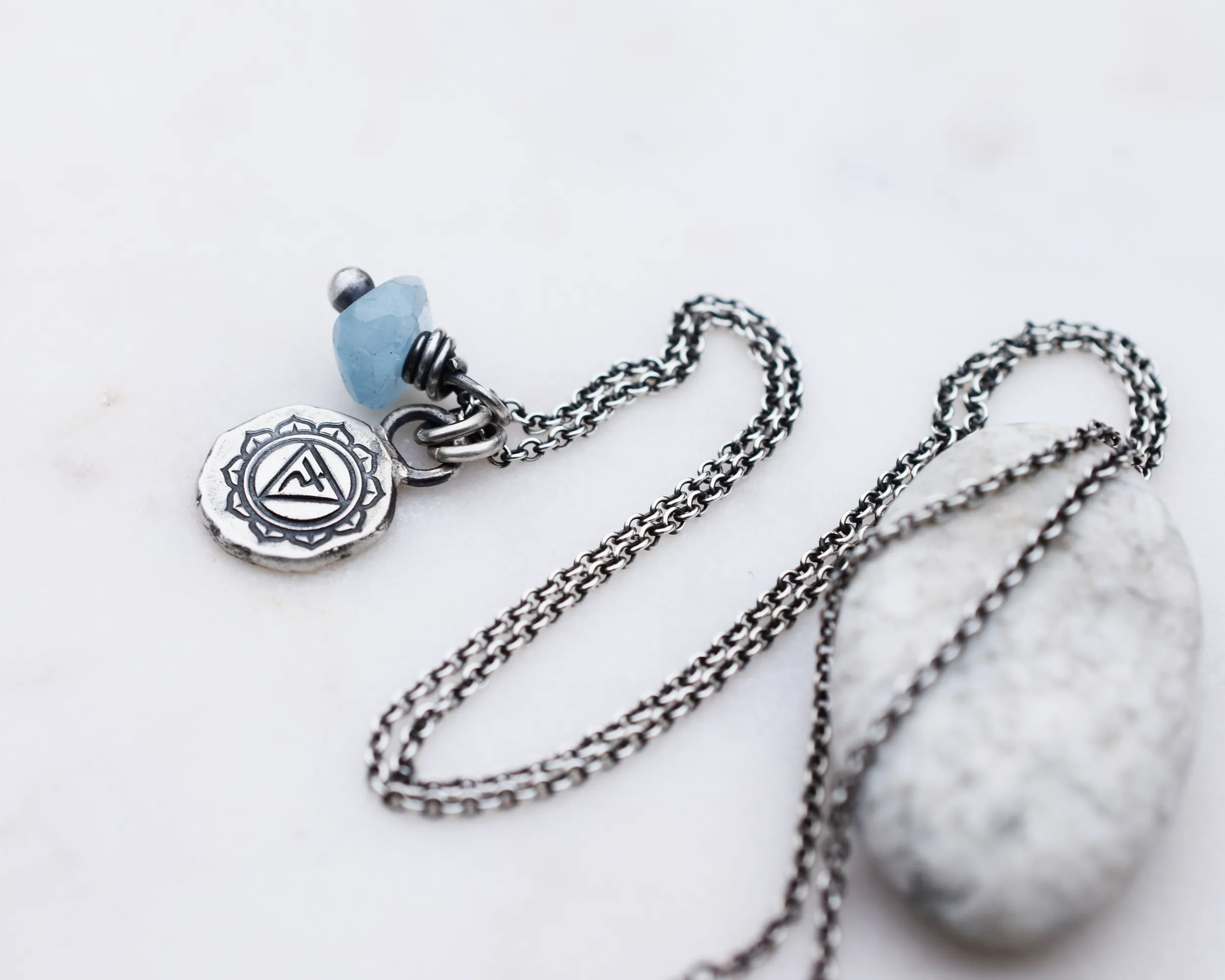 Aquamarine Gemstone Necklace Yoga Jewelry Chakra Vishuddha Throat Truth Sterling Silver Yogi Charm Necklace