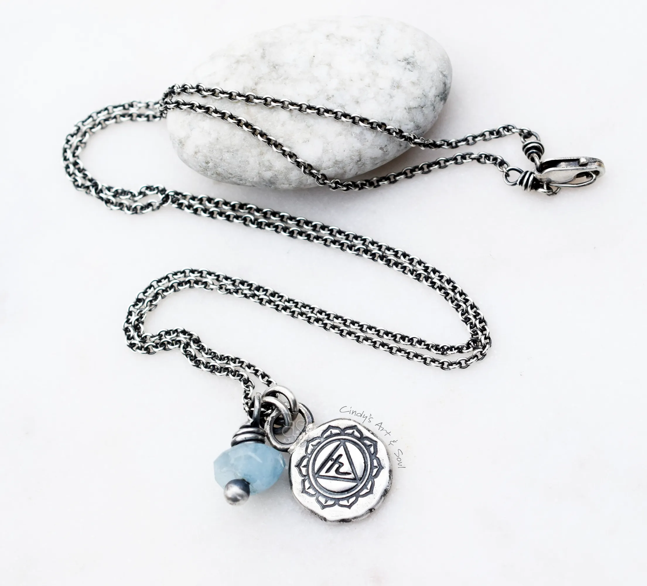 Aquamarine Gemstone Necklace Yoga Jewelry Chakra Vishuddha Throat Truth Sterling Silver Yogi Charm Necklace