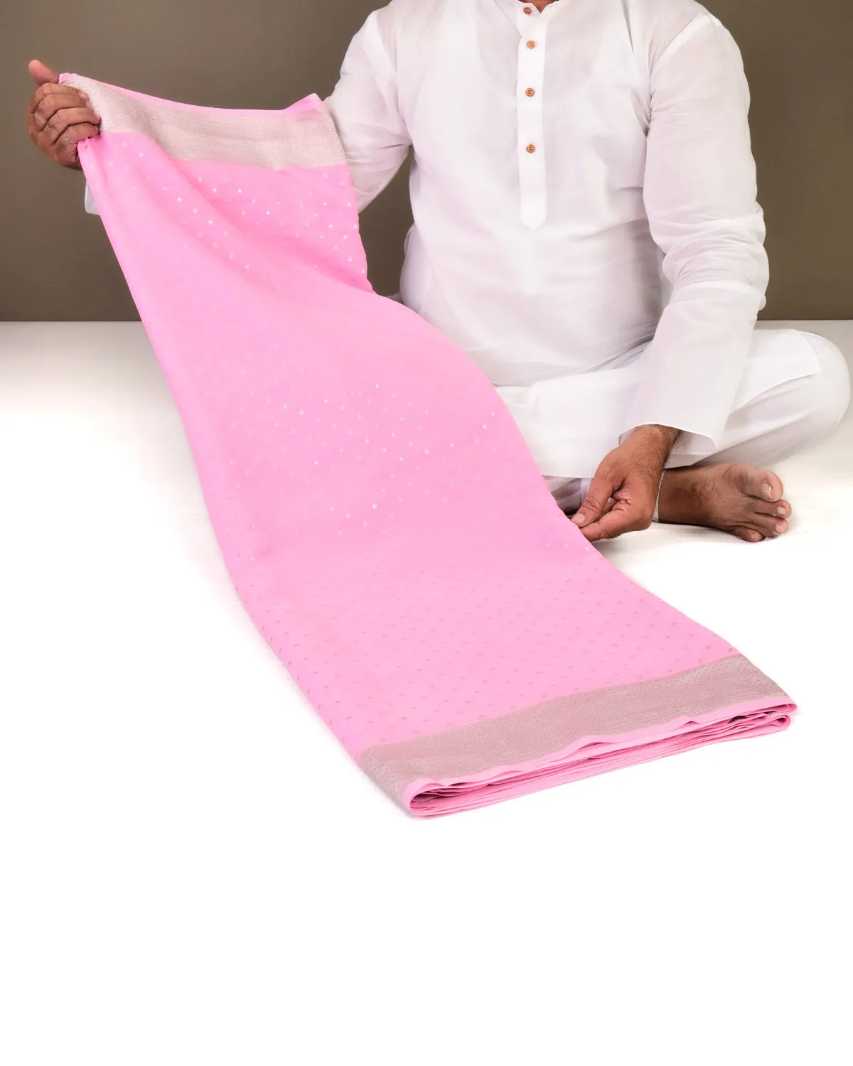 Baby Pink Banarasi Silver Polka Buti Cutwork Brocade Handwoven Khaddi Georgette Saree