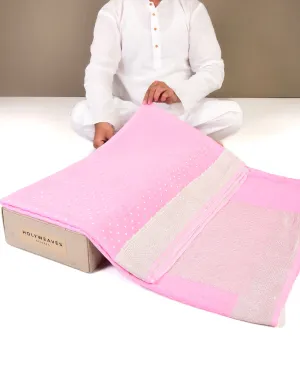 Baby Pink Banarasi Silver Polka Buti Cutwork Brocade Handwoven Khaddi Georgette Saree