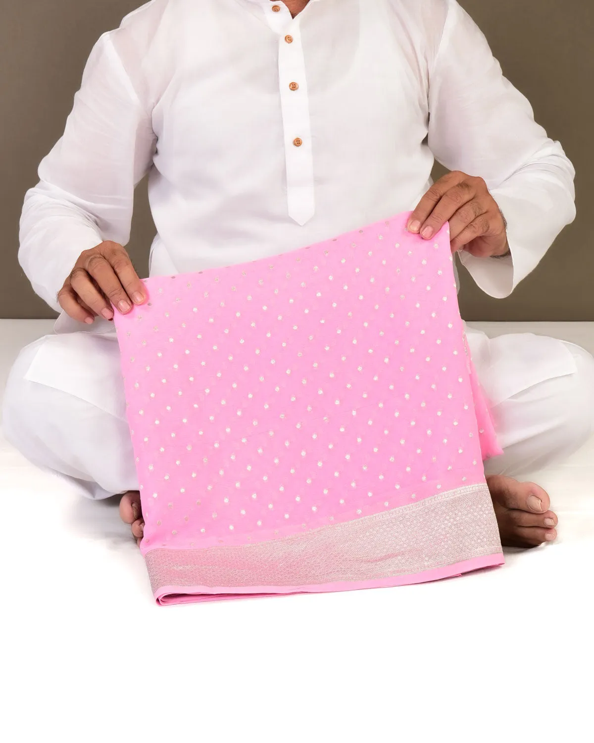 Baby Pink Banarasi Silver Polka Buti Cutwork Brocade Handwoven Khaddi Georgette Saree
