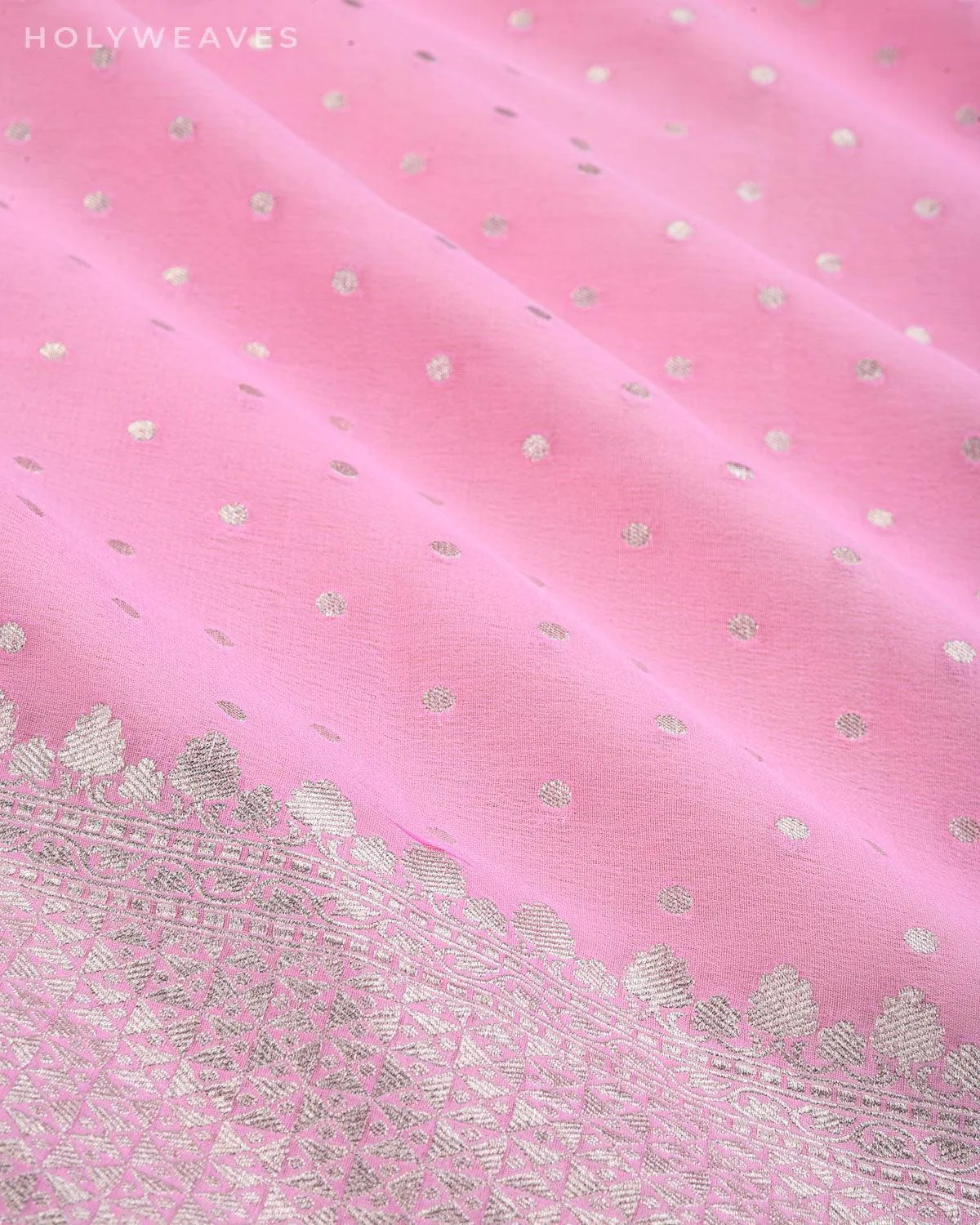 Baby Pink Banarasi Silver Polka Buti Cutwork Brocade Handwoven Khaddi Georgette Saree