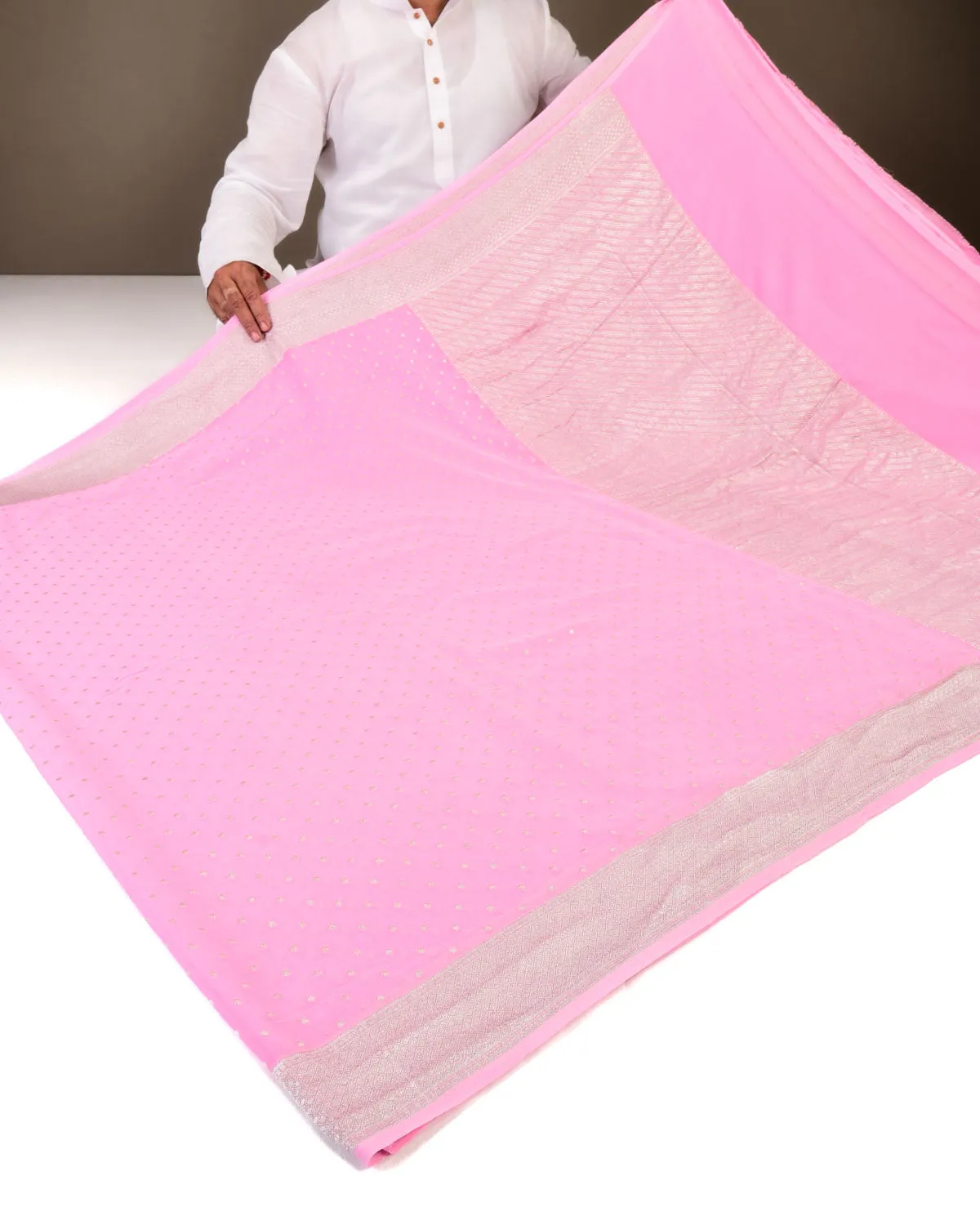 Baby Pink Banarasi Silver Polka Buti Cutwork Brocade Handwoven Khaddi Georgette Saree