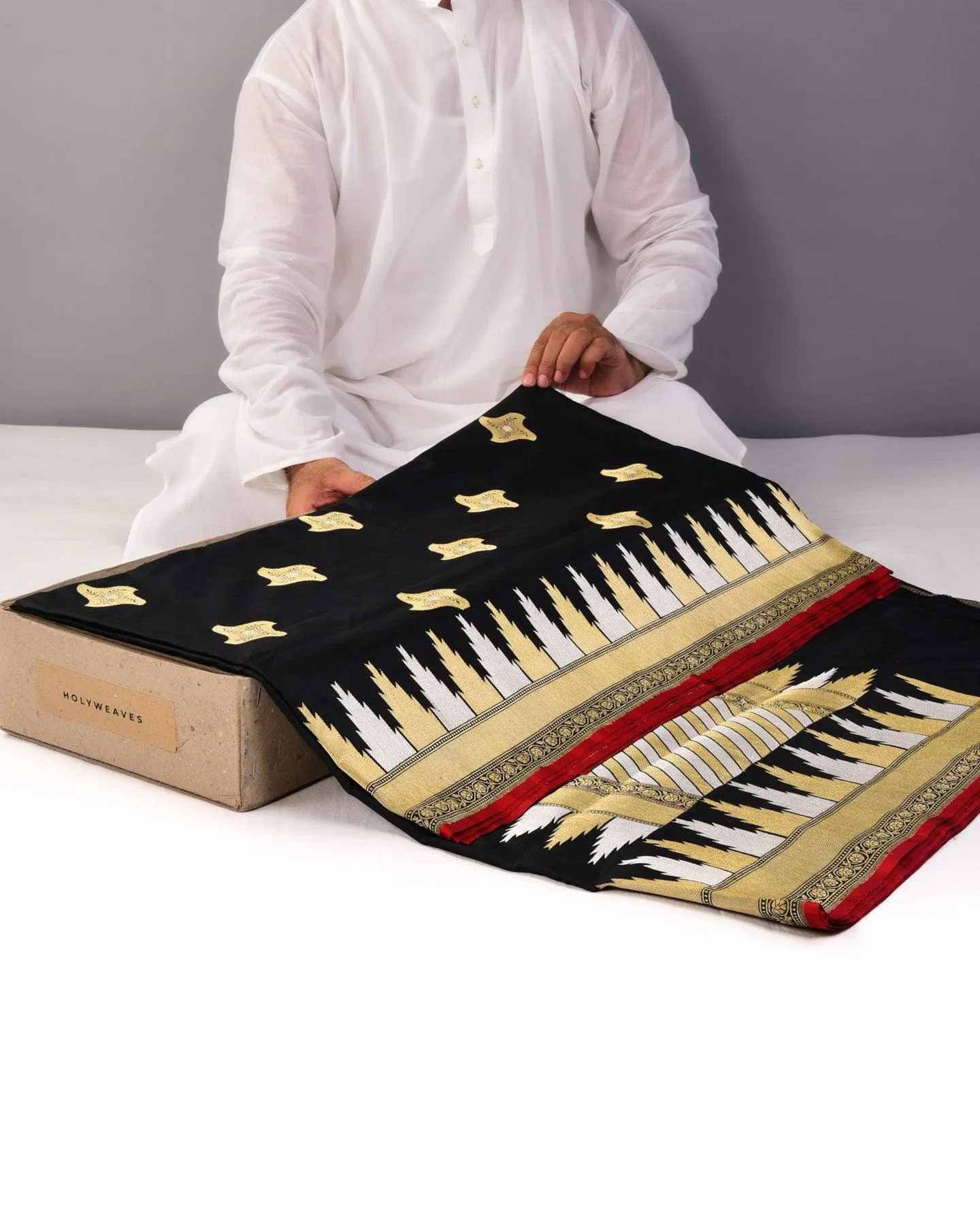 Black Banarasi "Starfish" Kadhuan Brocade Handwoven Katan Silk Saree