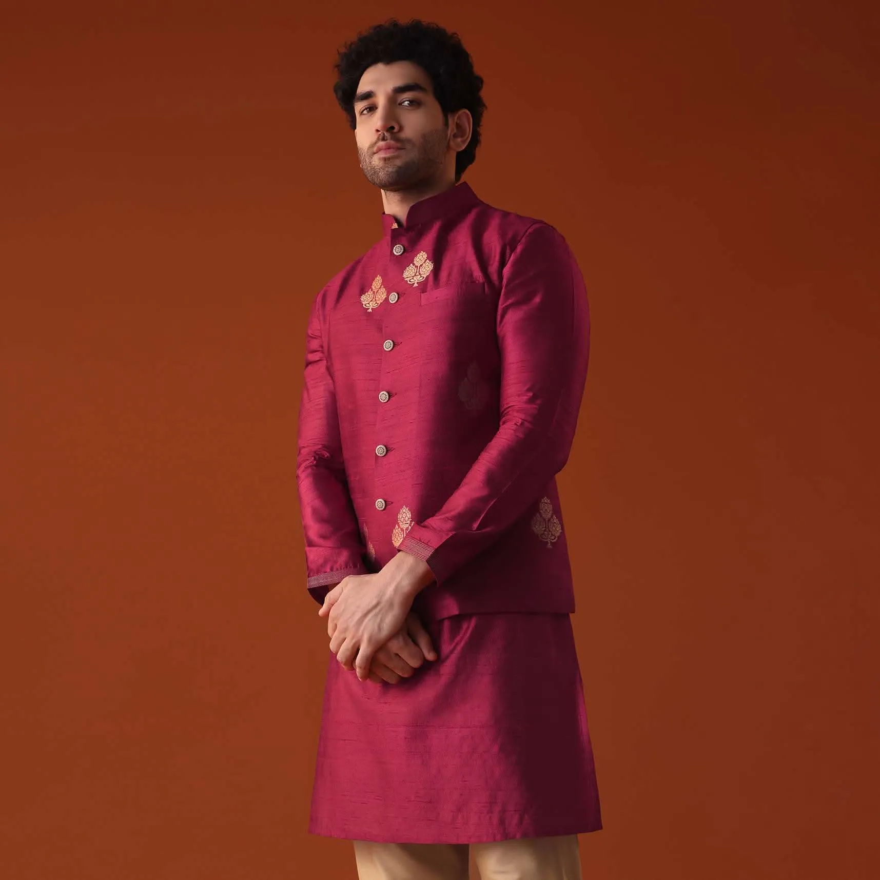 Carmine Red Jacket Kurta Set In Dupion Silk With Golden Floral Motifs