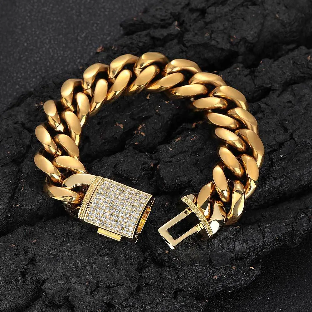 Color: Golden Width 18mm, Purity: Bracelet 8 Inches - Stainless Steel Bracelet Ornament Male Zircon Flip Buckle