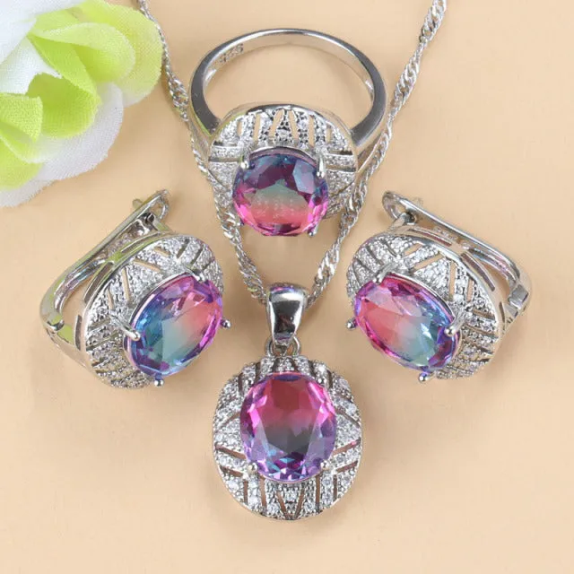 Colorful Zircon Necklace And Clip Earrings Wedding Jewelry Sets