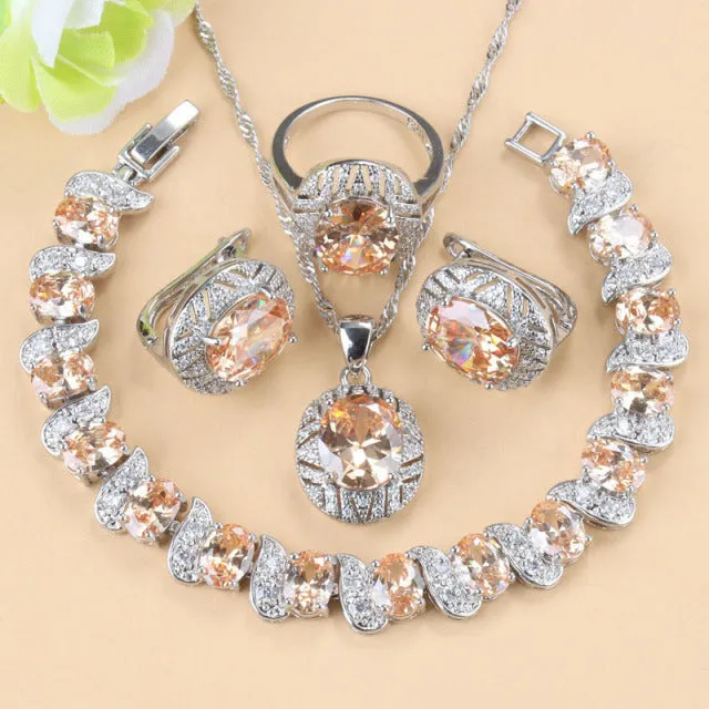 Colorful Zircon Necklace And Clip Earrings Wedding Jewelry Sets