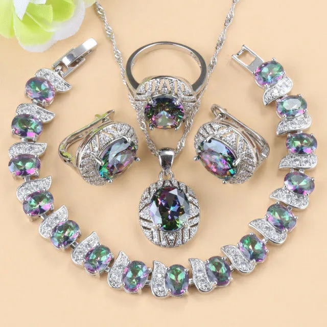 Colorful Zircon Necklace And Clip Earrings Wedding Jewelry Sets