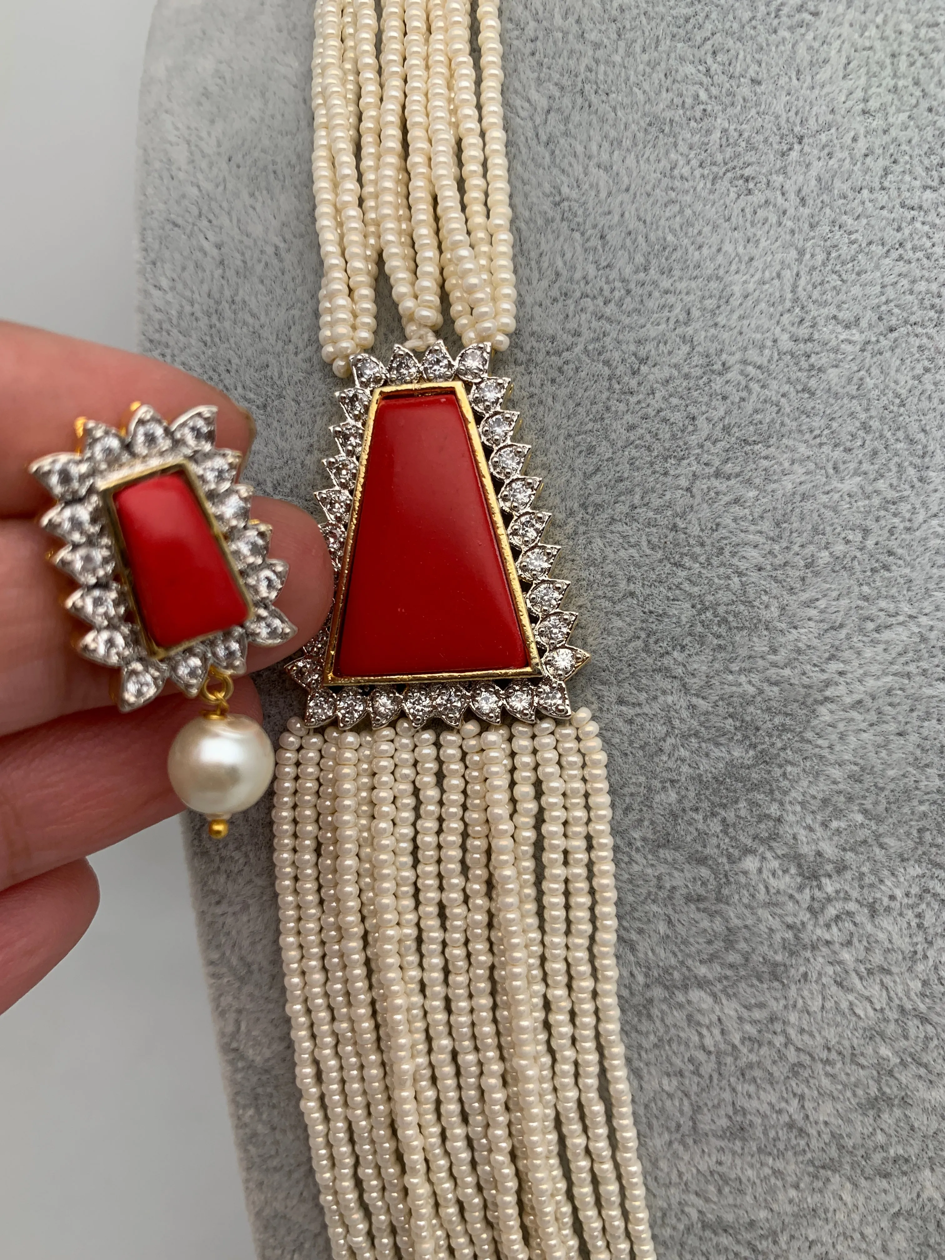 Coral AD Side Pendent Hydro Pearls Necklace