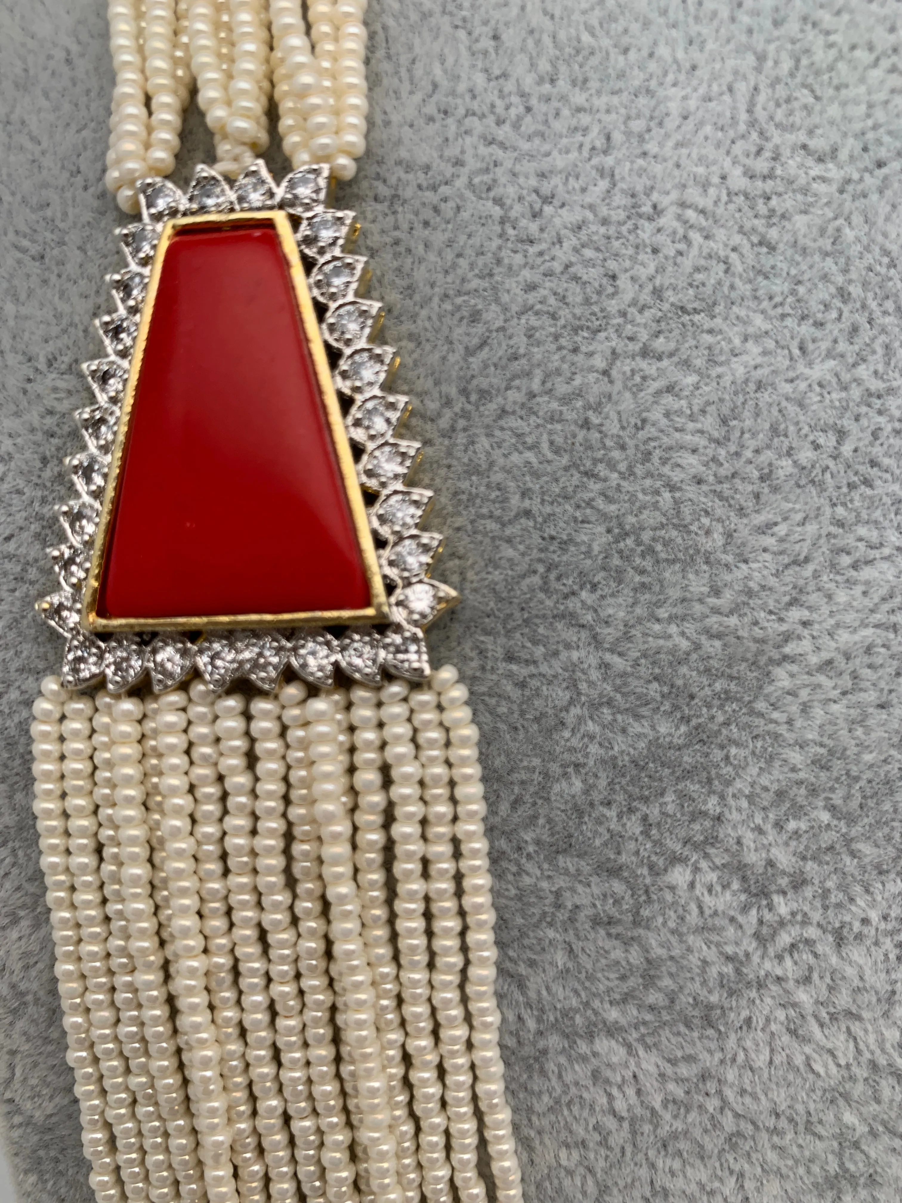 Coral AD Side Pendent Hydro Pearls Necklace
