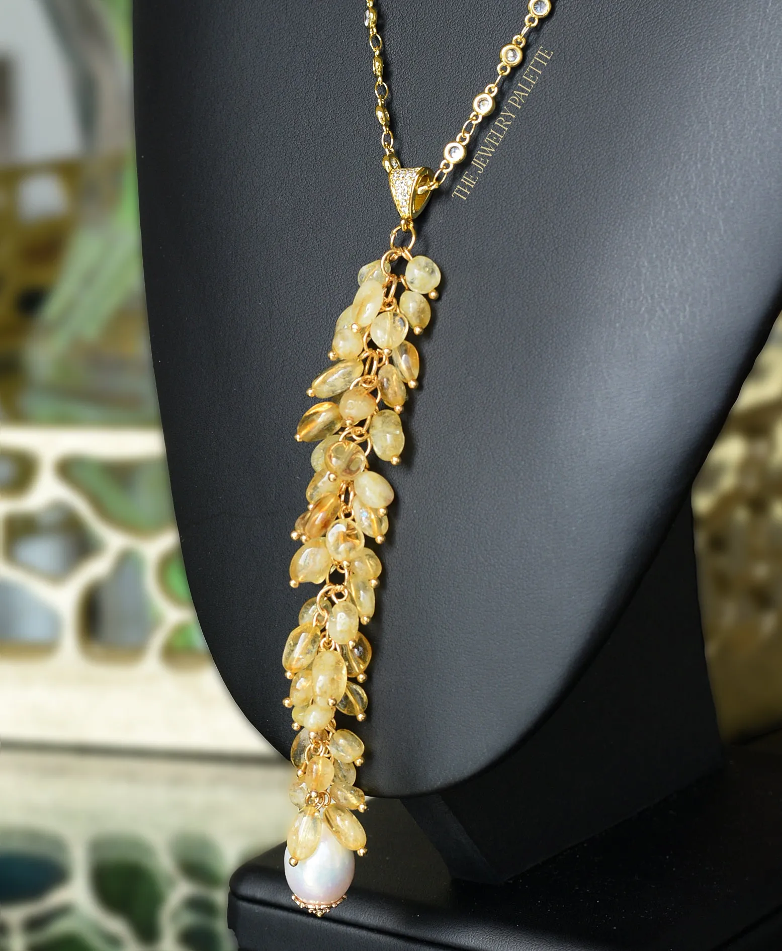 Delaney gold zircon studded chain and citrine tassel necklace