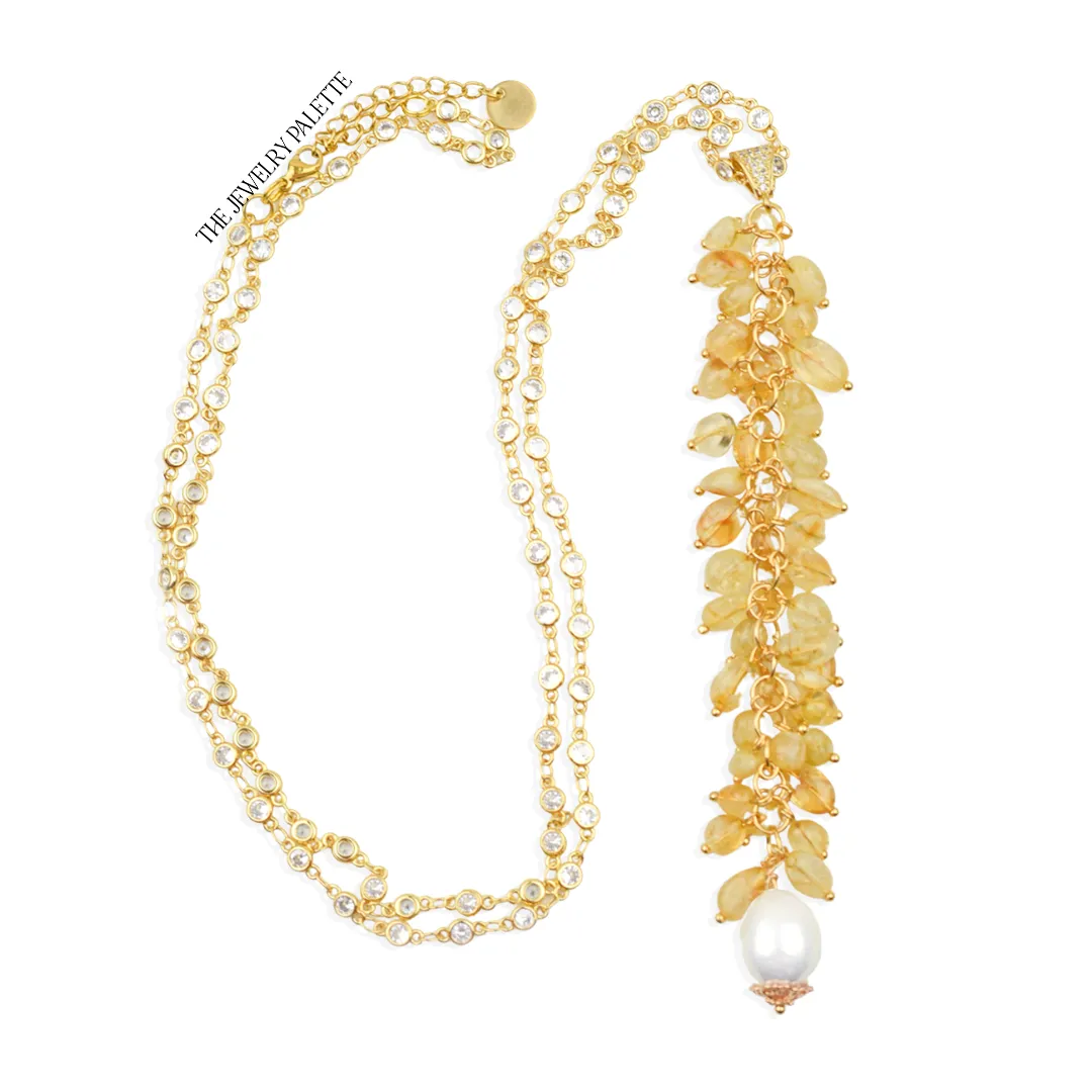 Delaney gold zircon studded chain and citrine tassel necklace