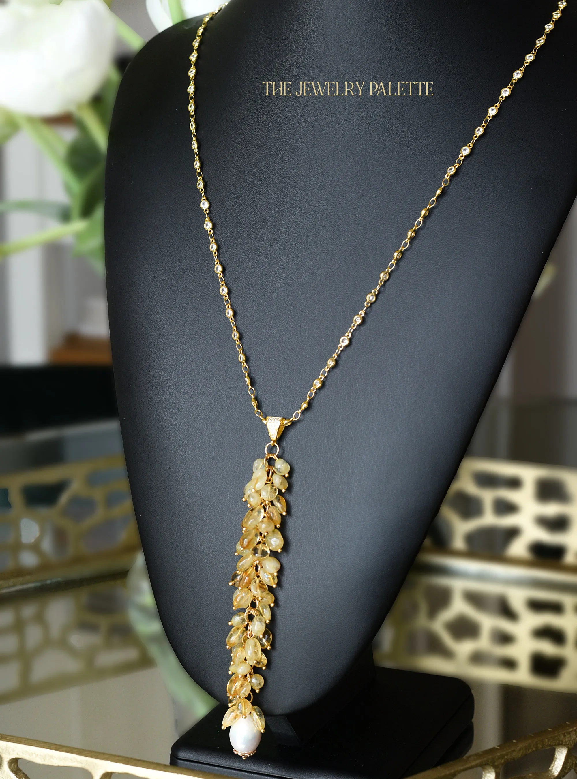 Delaney gold zircon studded chain and citrine tassel necklace