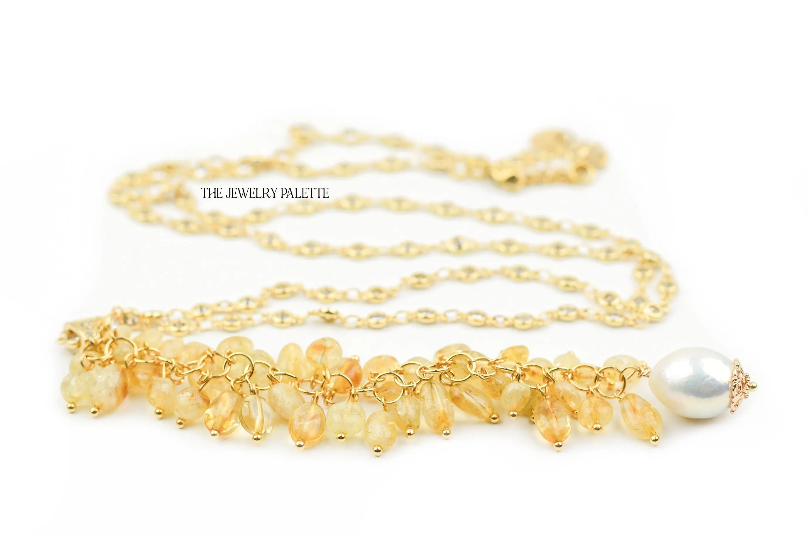Delaney gold zircon studded chain and citrine tassel necklace