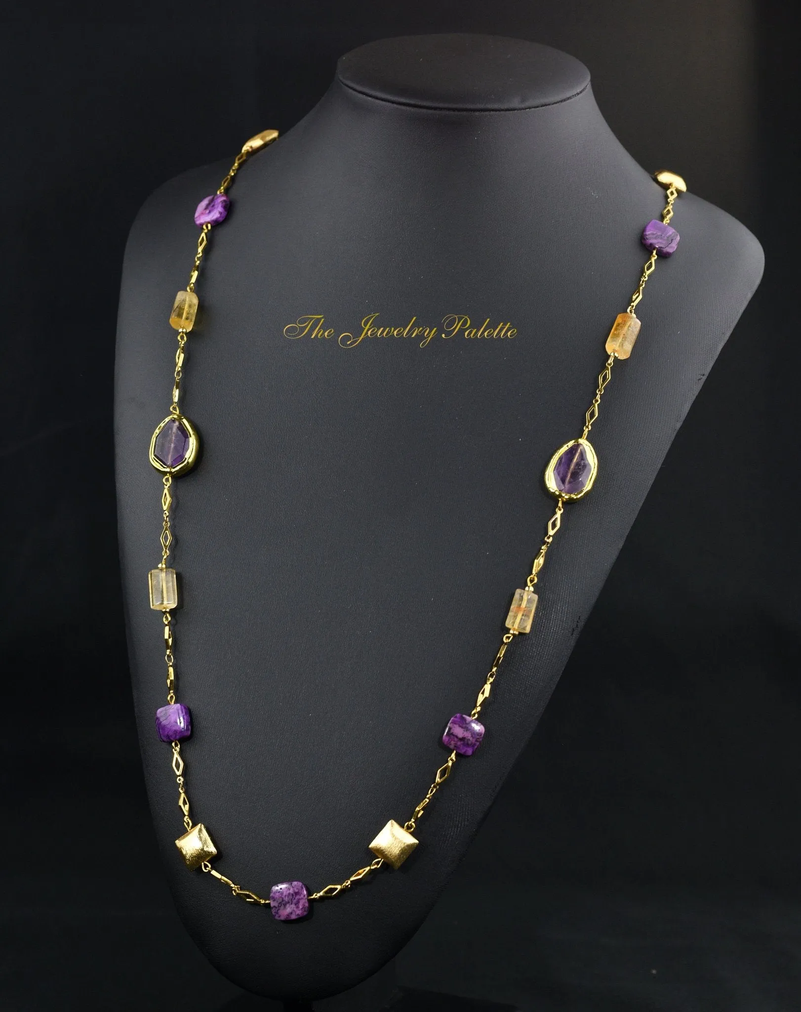Demi purple lace agate and citrine gold chain necklace