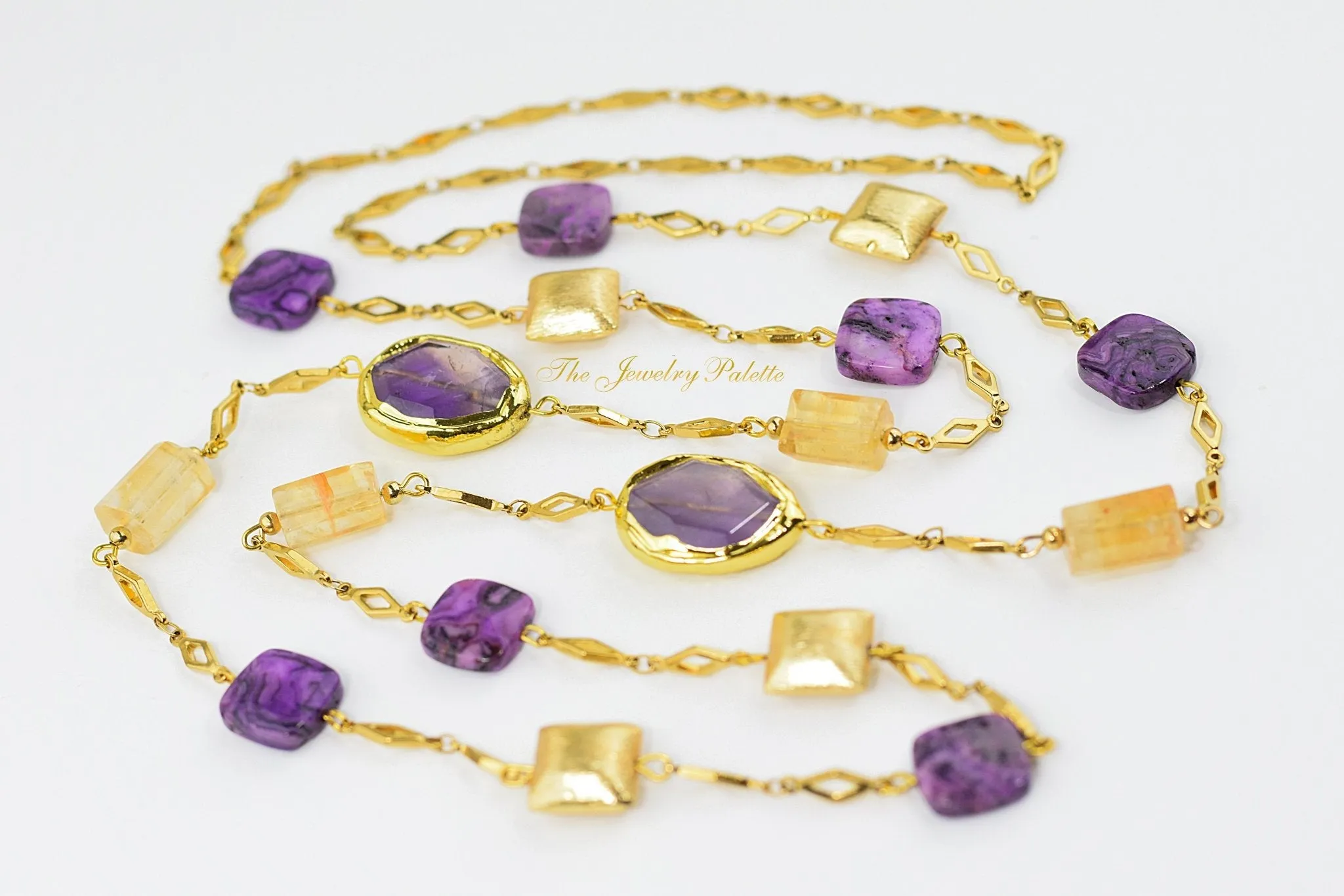 Demi purple lace agate and citrine gold chain necklace