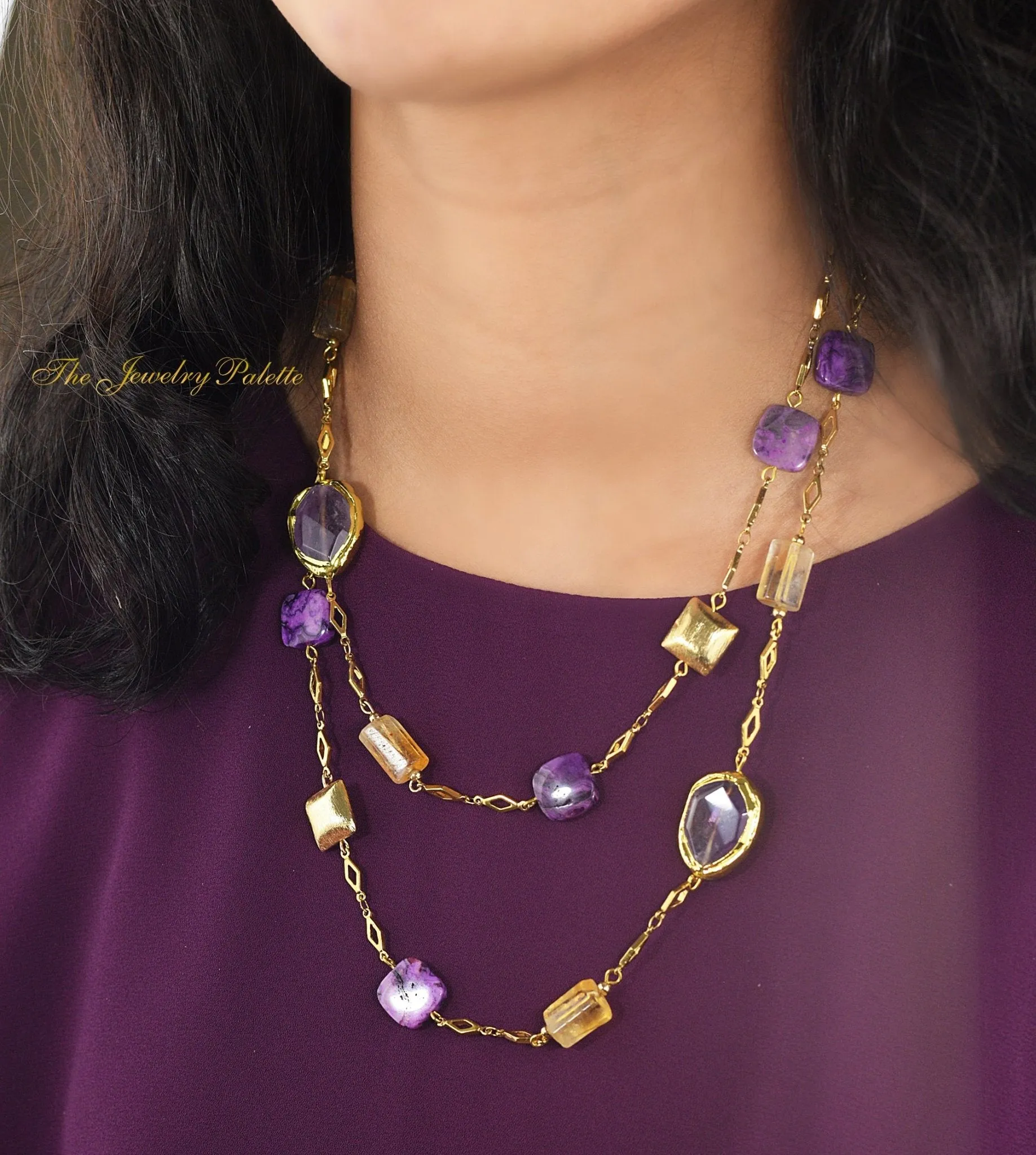 Demi purple lace agate and citrine gold chain necklace