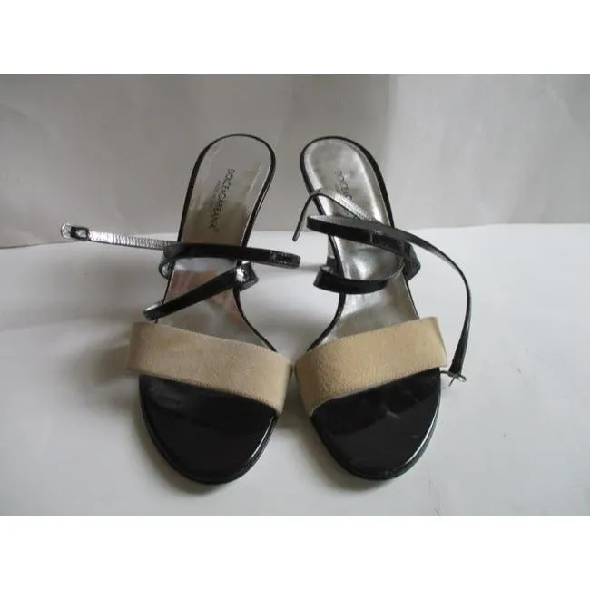 Dolce And Gabbana Cream And Brown Suede And Chocolate Patent Open Pumps Size Eu