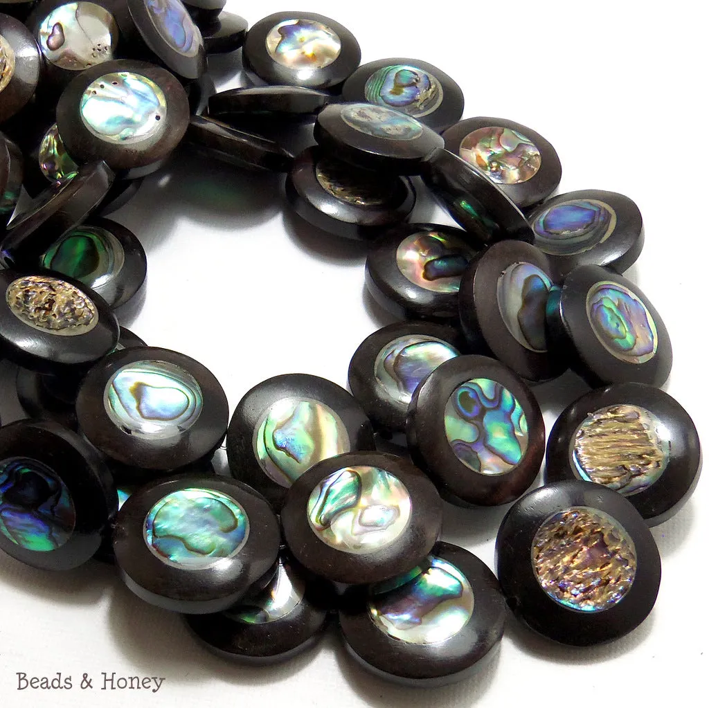 Ebony Wood with Abalone Shell Coin Flat 22mm (9pcs)