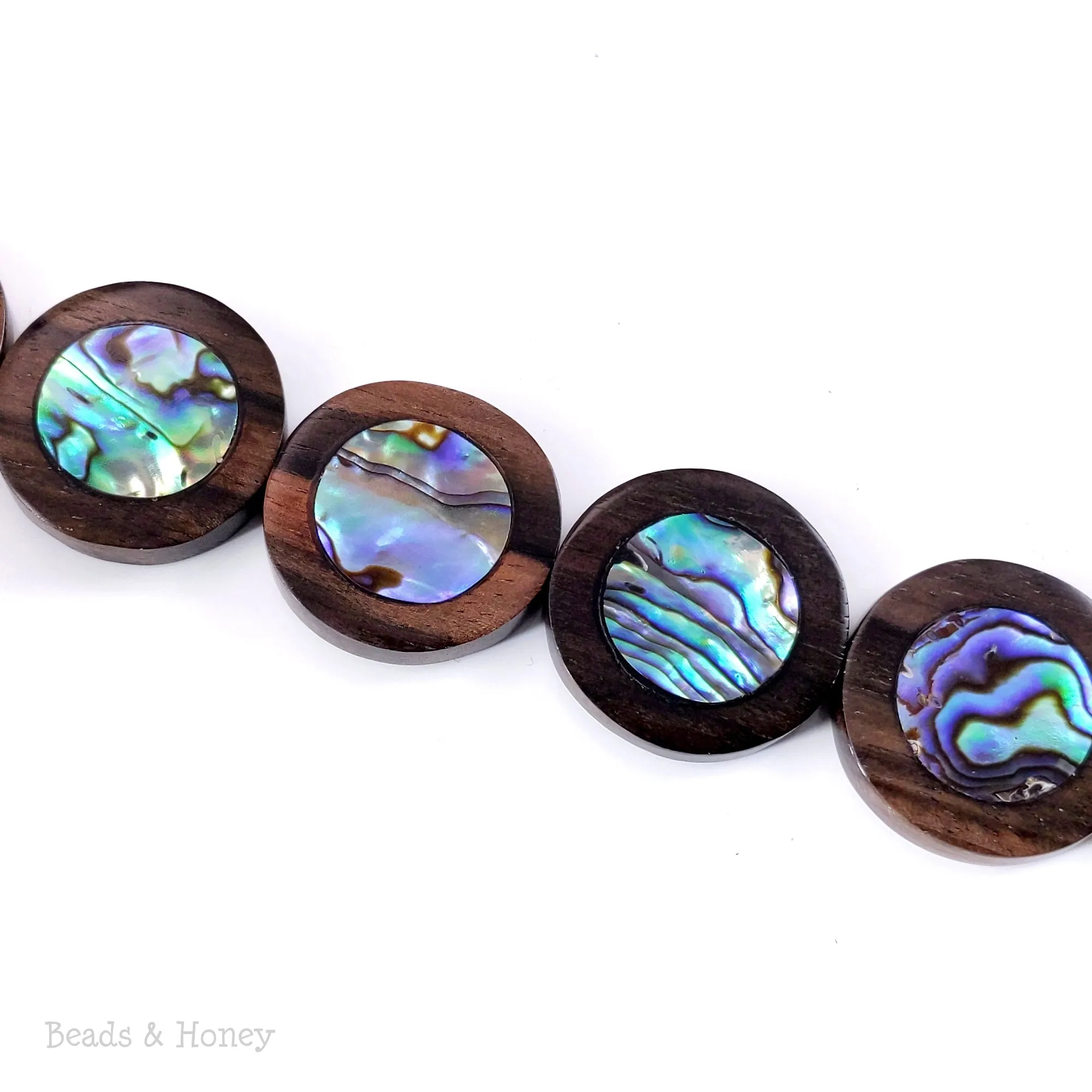 Ebony Wood with Abalone Shell Flat Coin 23mm (8-Inch Strand)